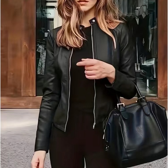 New Solid Zipper Front Faux-Leather Cropped Under-Sized Lightweight Jacket - Picture 3 of 11